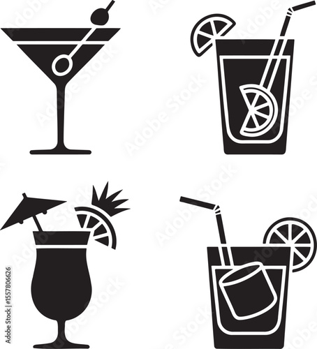  Set of Alcoholic cocktails silhouette vector illustration isolated On Transparent Background 