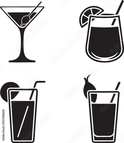  Set of Alcoholic cocktails silhouette vector illustration isolated On Transparent Background 