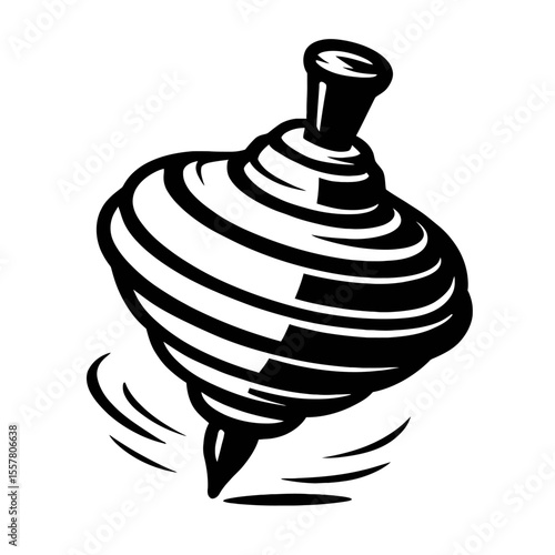 Dynamic black and white vector illustration of a traditional spinning top in motion, ideal for childhood themes, play, or vintage toy designs.