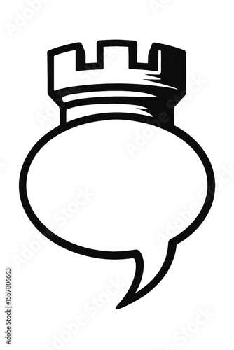 Bold black and white vector illustration of a speech bubble topped with a castle tower, symbolizing strength, security, or a fortified message.