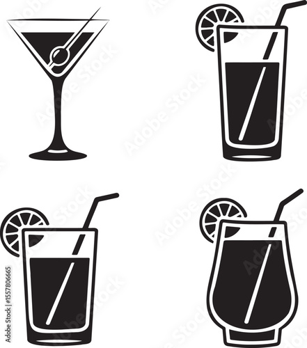 Set of Alcoholic cocktails silhouette vector illustration isolated On Transparent Background 