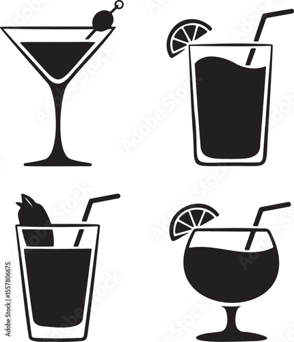  Set of Alcoholic cocktails silhouette vector illustration isolated On Transparent Background 
