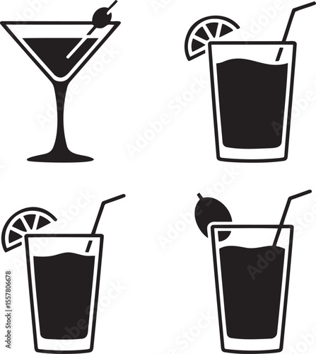 Set of Alcoholic cocktails silhouette vector illustration isolated On Transparent Background 