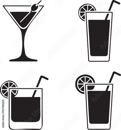  Set of Alcoholic cocktails silhouette vector illustration isolated On Transparent Background 