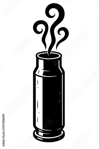 Stylized black and white vector illustration of a smoking bullet casing, conveying post-fire action, danger, or a dramatic effect for intense designs.