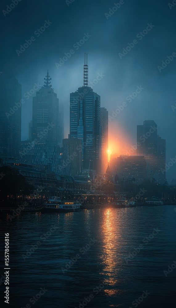 Obraz premium A moody city skyline shrouded in mist, with golden sun glow