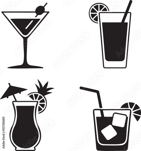  Set of Alcoholic cocktails silhouette vector illustration isolated On Transparent Background 