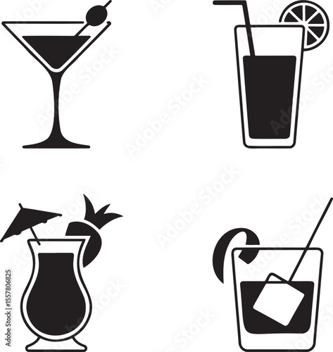  Set of Alcoholic cocktails silhouette vector illustration isolated On Transparent Background 