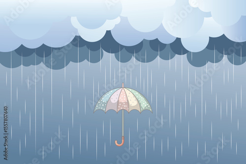 Cartoon-style umbrella with falling raindrops, flat vector in pastel color scheme ideal for educational kids designs and rainy day themes
