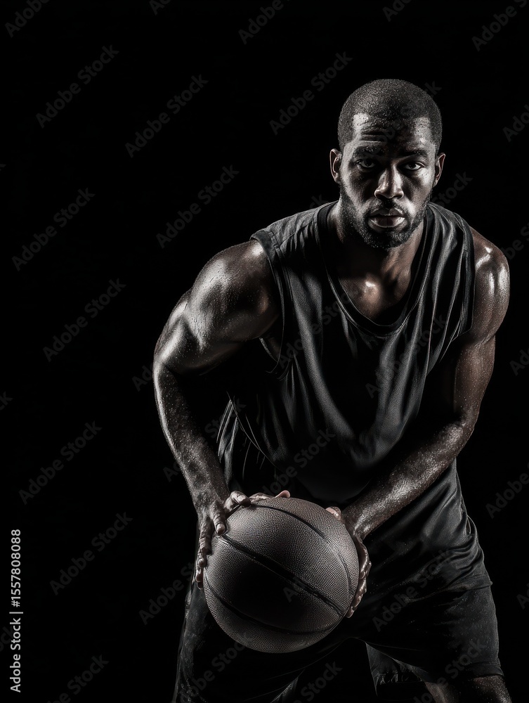 Focused basketball player holding ball in front of him against black background Focused basketball player holding ball in front of him against black background