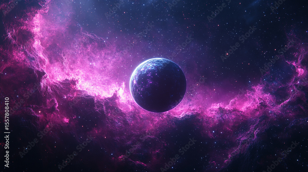 A dramatic planet floats before a vivid nebula, surrounded by a dense starfield and ethereal cosmic glow. Deep space beauty and mystery captured in a celestial sci-fi scene. Horizontal format.
A dramatic planet floats before a vivid nebula, surrounded by a dense starfield and ethereal cosmic glow. Deep space beauty and mystery captured in a celestial sci-fi scene. Horizontal format.