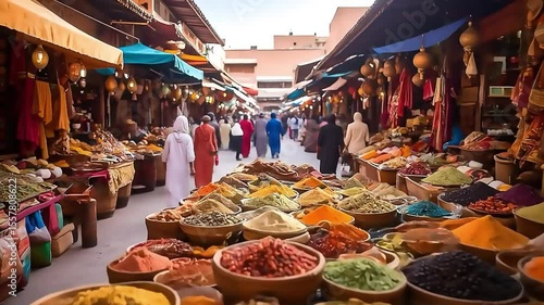 Vibrant spices fill the stalls at a busy Moroccan market, offering a sensory experience with exotic flavors and colors.