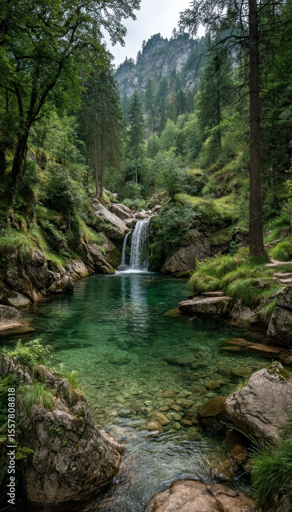 Fototapeta premium A serene waterfall cascades into a clear, turquoise pool, framed by trees