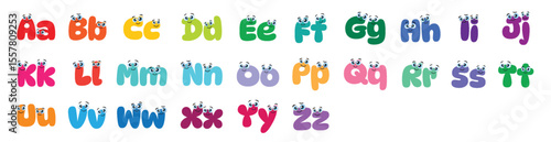 English alphabet with Colored Cute Cartoon letters with big eyes on a white background. Cartoon style alphabet with funny eyes.