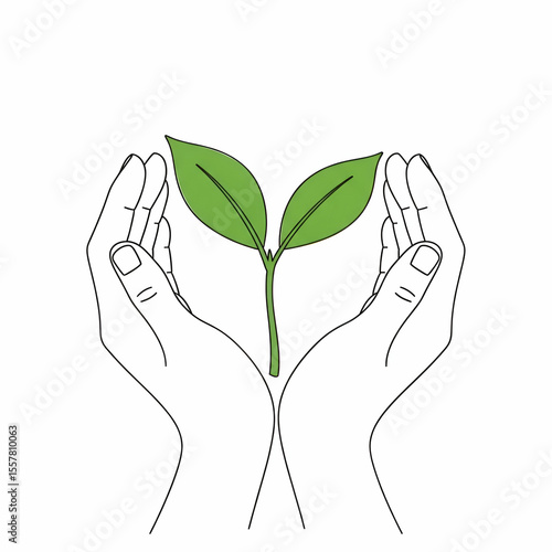Hands Cradling A Small Green Plant Symbolizing Growth, Care, and Environmental Awareness in Minimalist Style for Nature and Sustainability Themes