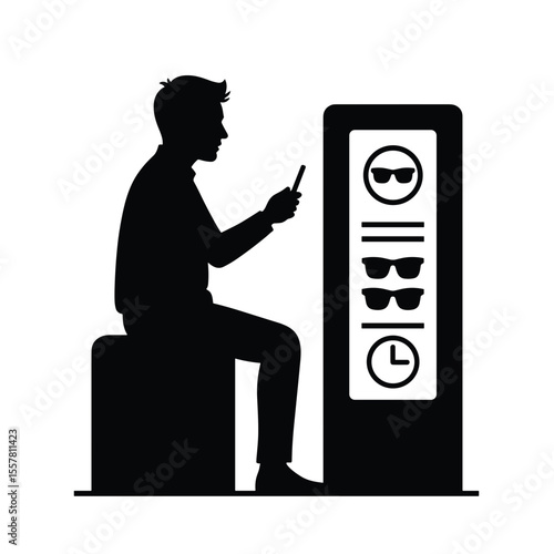 Silhouette of man sitting and using phone near duty-free sunglasses display  