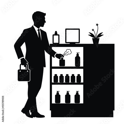 Businessman testing perfume at duty-free shop with products displayed  