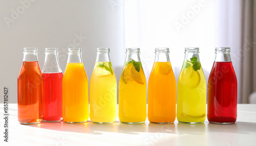 Vibrant beverages on table. Bottles with tasty drinks.