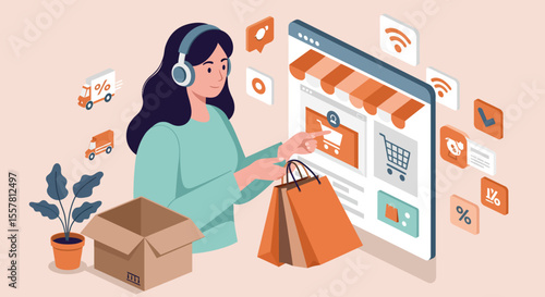 Young woman shopping for fashion online or in a supermarket, a vector cartoon illustration of a sale
