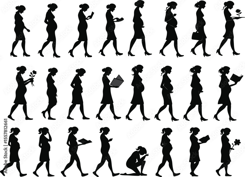 Fototapeta premium Pregnant woman silhouette vector set with graceful poses