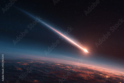 Bright meteor streaks across the night sky over a vibrant city landscape illuminated by lights