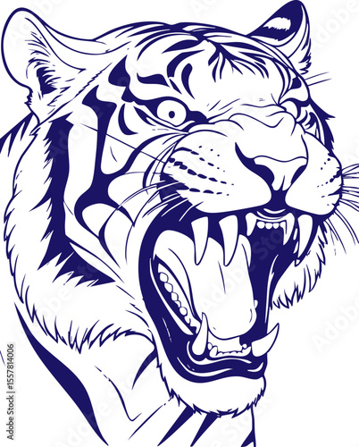 Roaring tiger head in bold blue and white graphic illustration