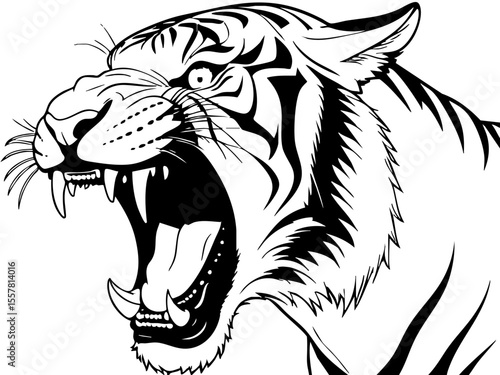 Roaring tiger head in black and white graphic tattoo style