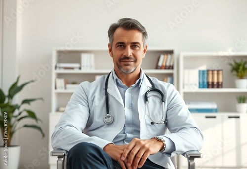 Male doctor in modern office setting with medical books