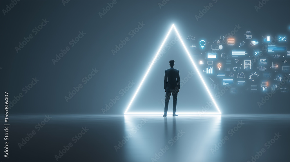 Fototapeta premium 3D illustration of a businessman standing before a glowing triangle with digital icons, representing innovation, data, and future business solutions.