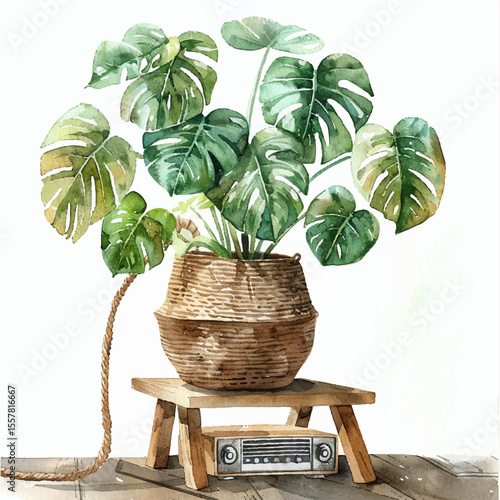 Postcard houseplant monstera on the table