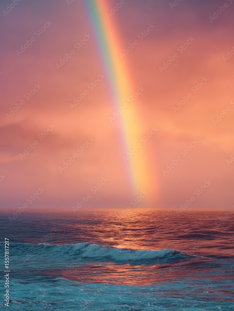 A rainbow stretching over the ocean at sunset creating a mesmerizing and serene coastal scene Illustration, Image, , Minimalism, A rainbow stretching over the ocean at sunset creating a mesmerizing and serene coastal scene Illustration, Image, , Minimalism,