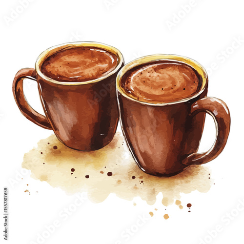 Hot Chocolate Mugs, watercolor illustration vector, isolated on a white background.