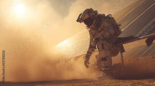 Astronaut als Techniker auf fremdem Planeten mit Solartechnik. Künstliche Intelligenz KI