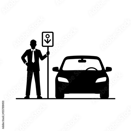 Businessman waiting with sign by car at airport pickup area  