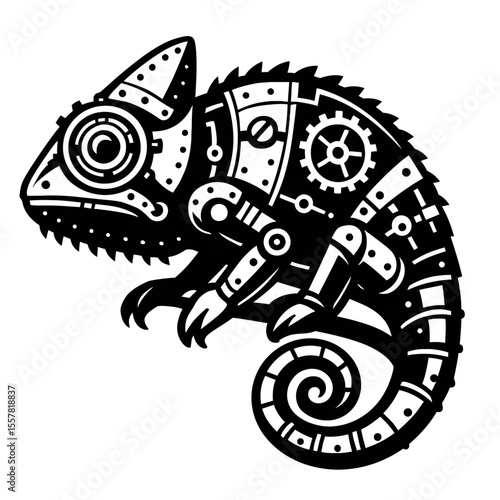 Intricate Black and White Steampunk Chameleon Robot Reptile Vector Illustration