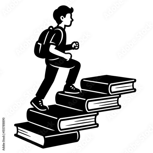 Black and White Vector of Student Climbing Stairs Made of Books - Education Journey