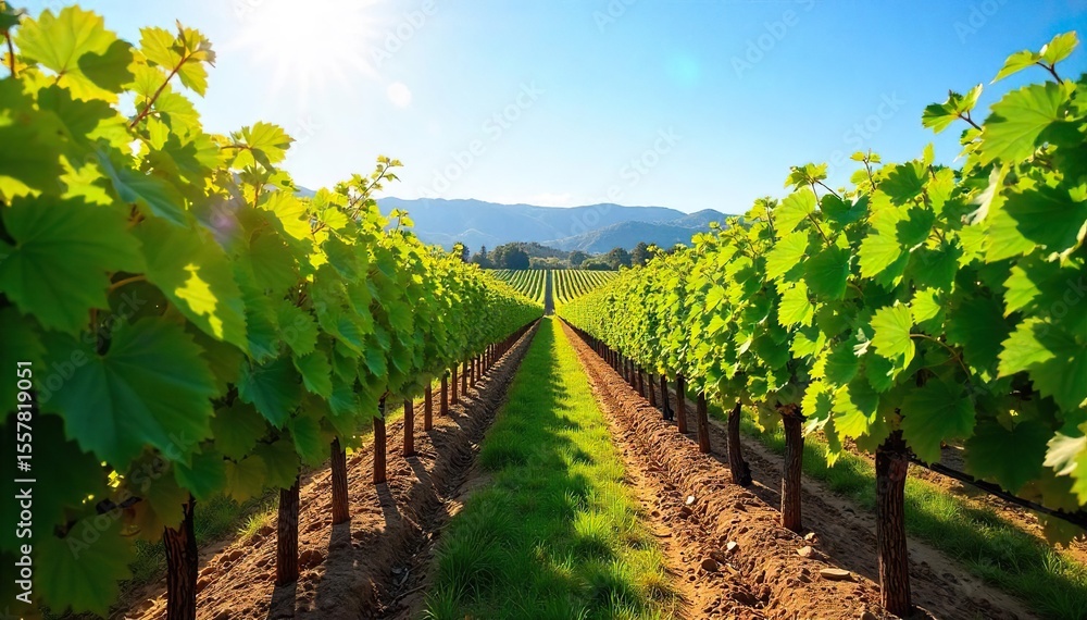 Sun-Dappled California Vineyards Ripe Grapes Ready for Harvest. Lush vines stretch towards distant hills under a clear blue sky, capturing the idyllic beauty of wine country at harvest time. Sun-Dappled California Vineyards Ripe Grapes Ready for Harvest. Lush vines stretch towards distant hills under a clear blue sky, capturing the idyllic beauty of wine country at harvest time.