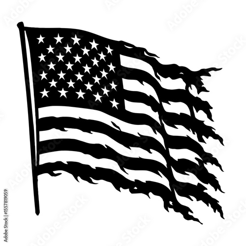 Powerful black and white vector illustration of a tattered American flag, symbolizing resilience, patriotism, or a distressed national icon.