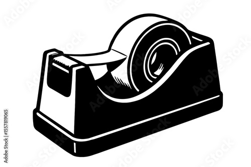 Classic black and white vector illustration of a tape dispenser, ideal for office, school, or craft supply themes and general utility designs.