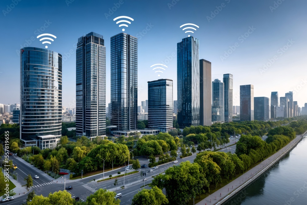 Fototapeta premium Modern cityscape with smart buildings and connectivity