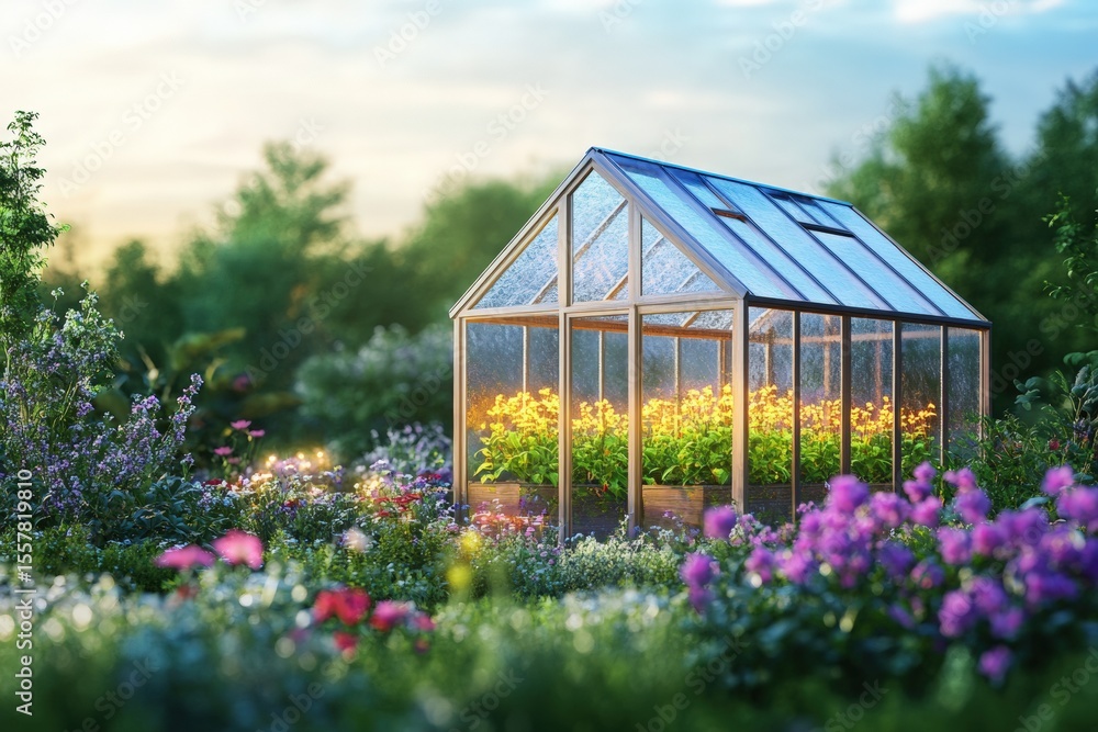Greenhouse surrounded by vibrant flowers and lush greenery, showcasing a variety of plants thriving under sunlight, creating a serene and picturesque garden environment Greenhouse surrounded by vibrant flowers and lush greenery, showcasing a variety of plants thriving under sunlight, creating a serene and picturesque garden environment