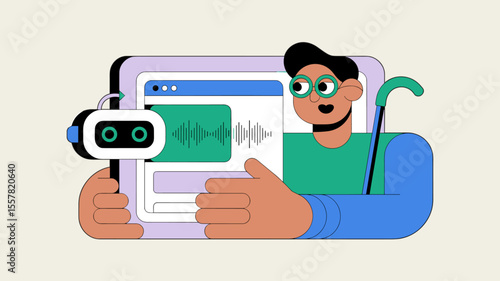 visually impaired man using a tablet with a screen reader ai assistant, vector illustration of ai for accessibility, assistive technology and audio description