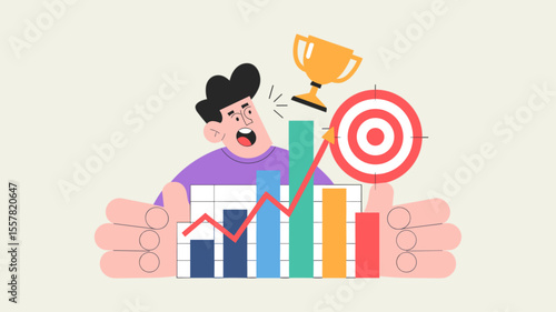 excited salesperson celebrating behind a growth chart and target, vector illustration for achieving sales targets, business growth and reaching performance goals