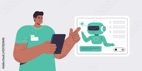 doctor using a tablet to consult with a medical chatbot, vector illustration for ai in healthcare triage, telemedicine consultation and digital health assistance