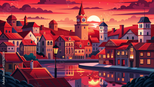 Red roofs beneath pale sky, clock tower stands timeless. Lamp-lit streets glow under dusky clouds, calm river arcs through the city, reflections of history shimmer gently.

