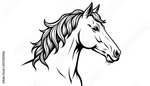 icon  of a horse's head in a stylish line art style with detailed mane on a gray background, copy space
