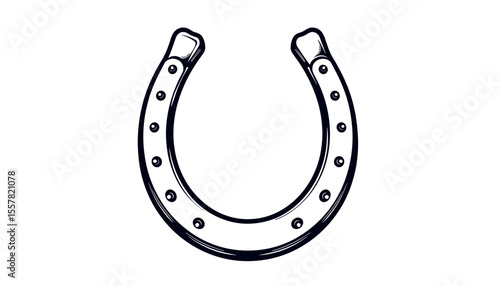 Illustration of a horseshoe in a detailed line art style on a white background, copy space
