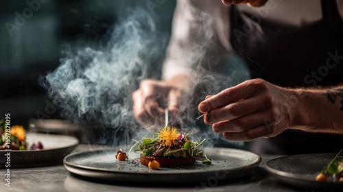 close-up photo of chef plating food with care, steam and vibrant color, culinary storytelling,