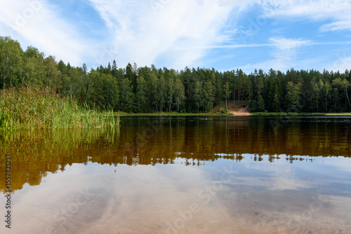 Forest lake Rääkjärv (Vasavere, Estonia) in the late afternoon of mid-August. Lush green trees and reeds reflect on the calm water, with a family visible on a small sandy beach on the opposite shore.