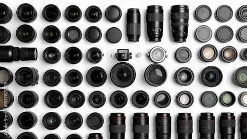 Collection of camera lenses arranged on a white surface, including various zoom and prime lenses with lens caps, for photography equipment background.